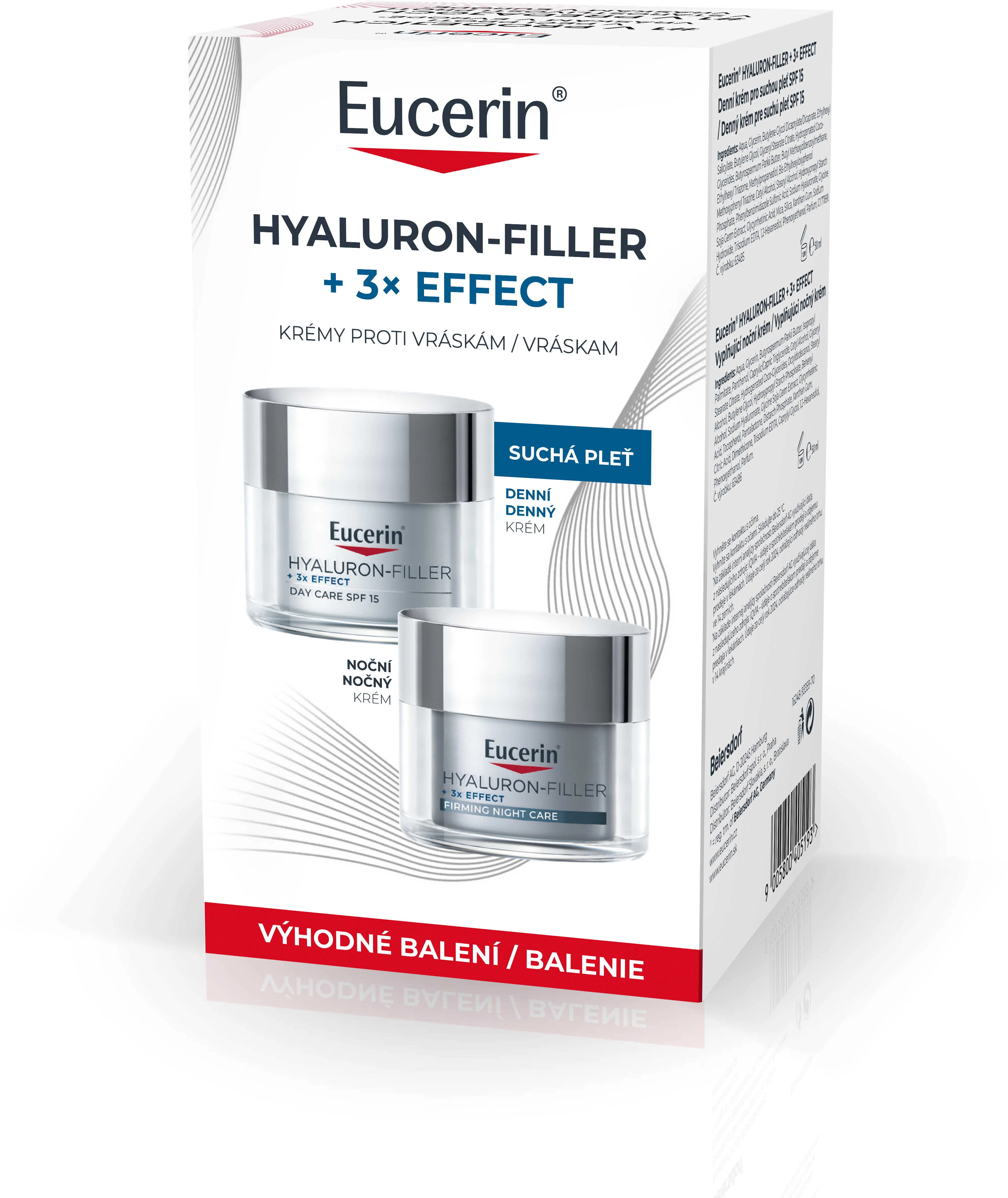 Eucerin HYALURON-FILLER + 3x EFFECT Denný krém pre suchú pleť SPF 15, 50 ml + Vyplňujúci nočný krém, 50 ml 50 ml + 50 ml
