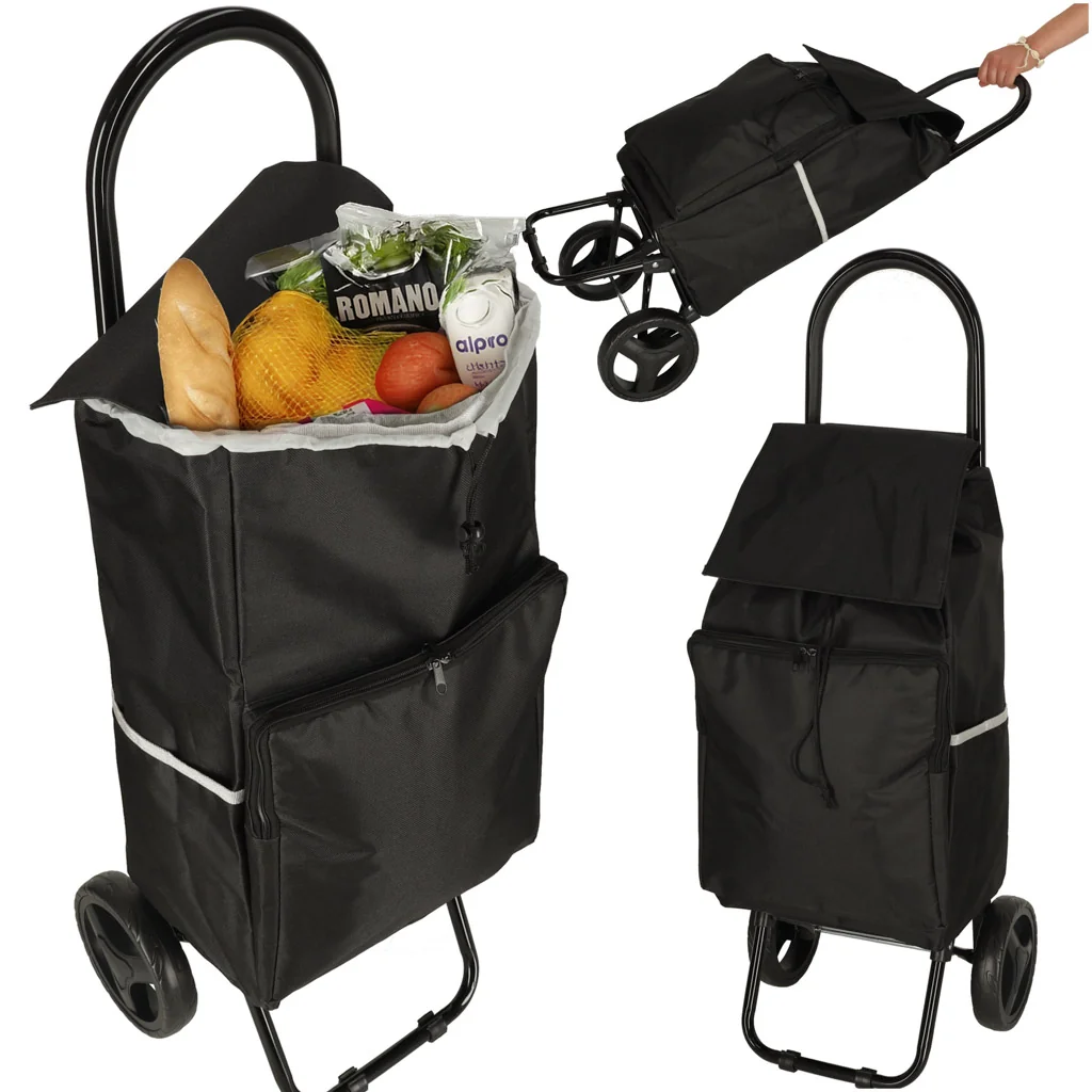 Nákupný vozík na kolieskach 95 cm čierny s termo vreckom 34 l 30 kg
