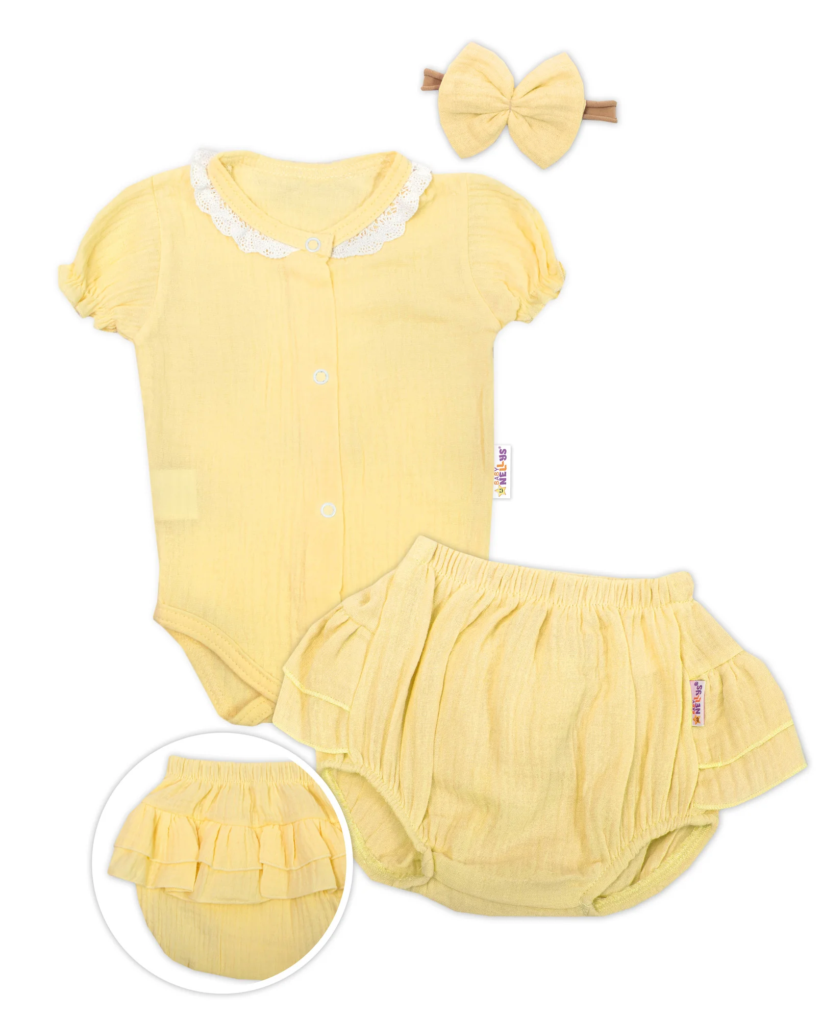 3-dielna mušelínová súpravička, body, kraťasky+čelenka GIRL, žltá, veľ. 74