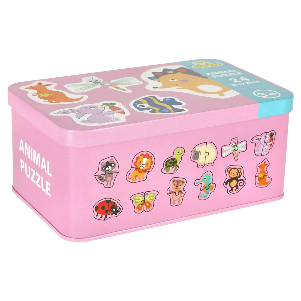 Puzzle pre deti v plechovej krabičke, 24 dielikov, zvieratká