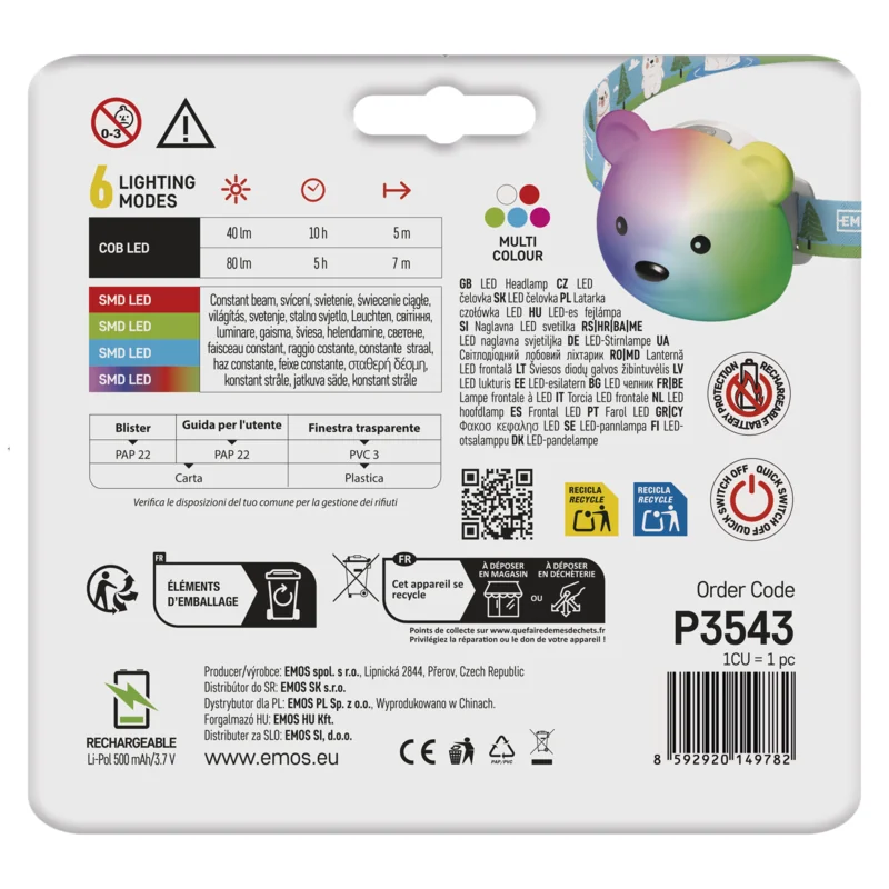 EMOS LED nabíjacia čelovka medveď, 80 lm, 500 mAh 1 ks