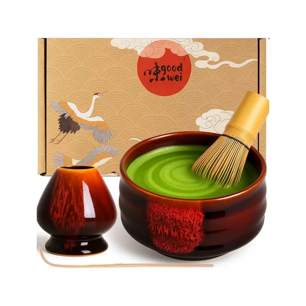 Matcha cajový ceremoniálny set "Akai" s miskou, metlickou, držiakom 1ks