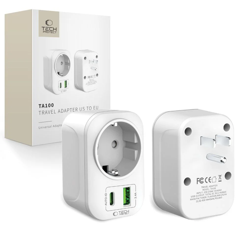 Tech-Protect TA100 cestovný adaptér US / EU, biely