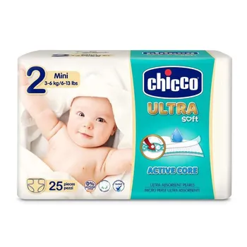 Plienky Chicco Ultra Mini 3-6kg 25ks 1×25 ks, veľkosť 2, detské plienky
