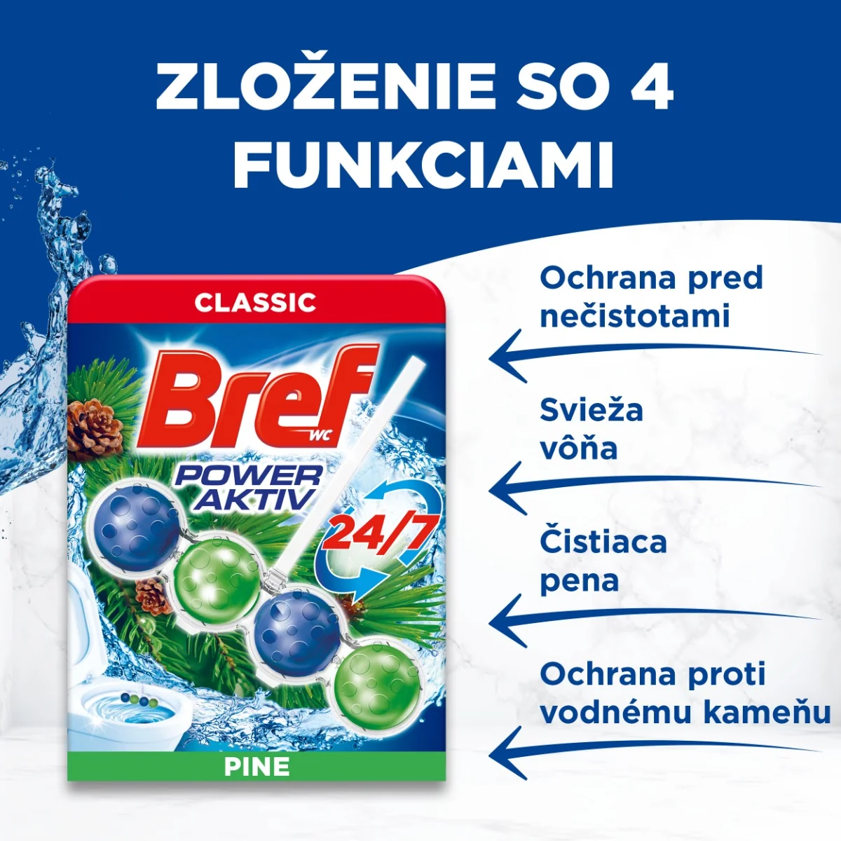 Bref Power Aktiv tuhý WC blok Pine 3×50 g 3×50 g, WC blok
