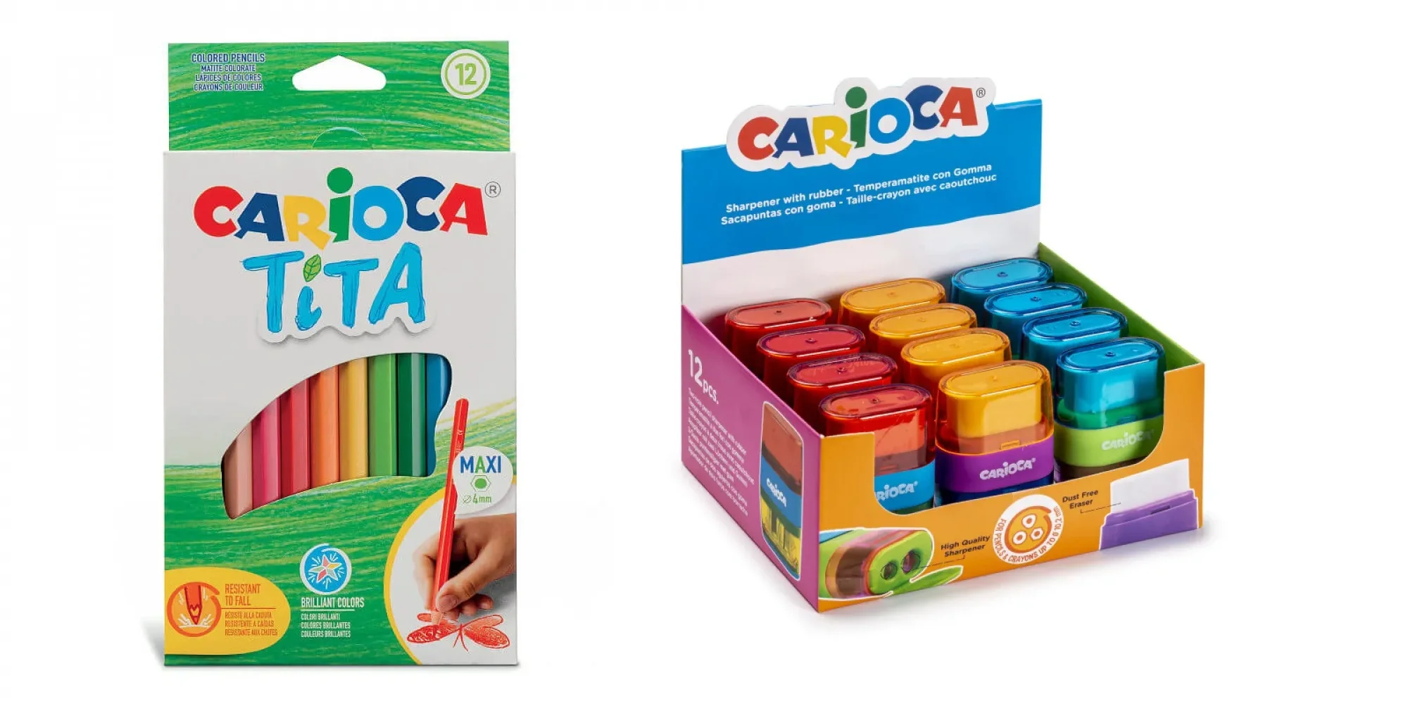 Farbičky Tita MAXI nelámavé šesťhranné pružné Carioca 12 ks-CARIOCA + Farebné strúhatko so zásobníkom s dvojitým otvorom s gumou-CARIOCA