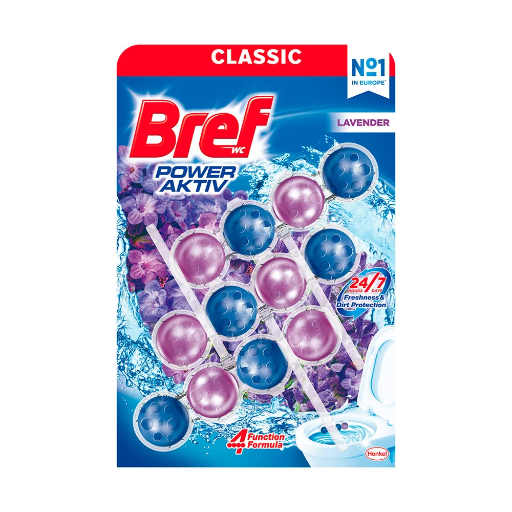 Bref Power Aktiv tuhý WC blok Lavender 3×50 g, WC blok