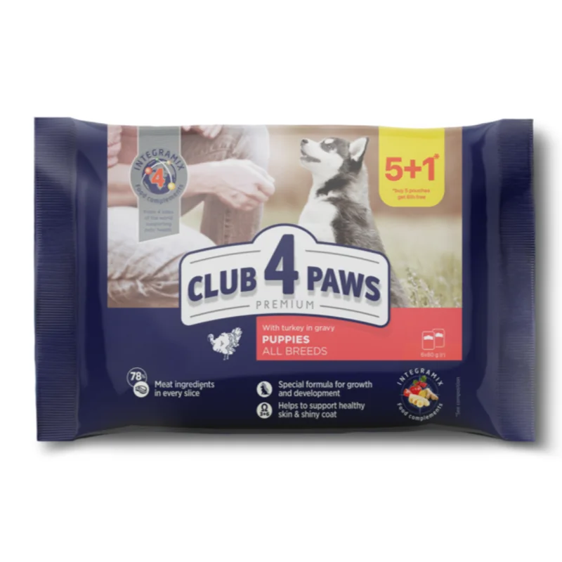 CLUB 4 PAWS Premium SET 5+1 pre šteniatka pre malé plemená S morčacím mäsom v omáčke 6 x 80g (4720)