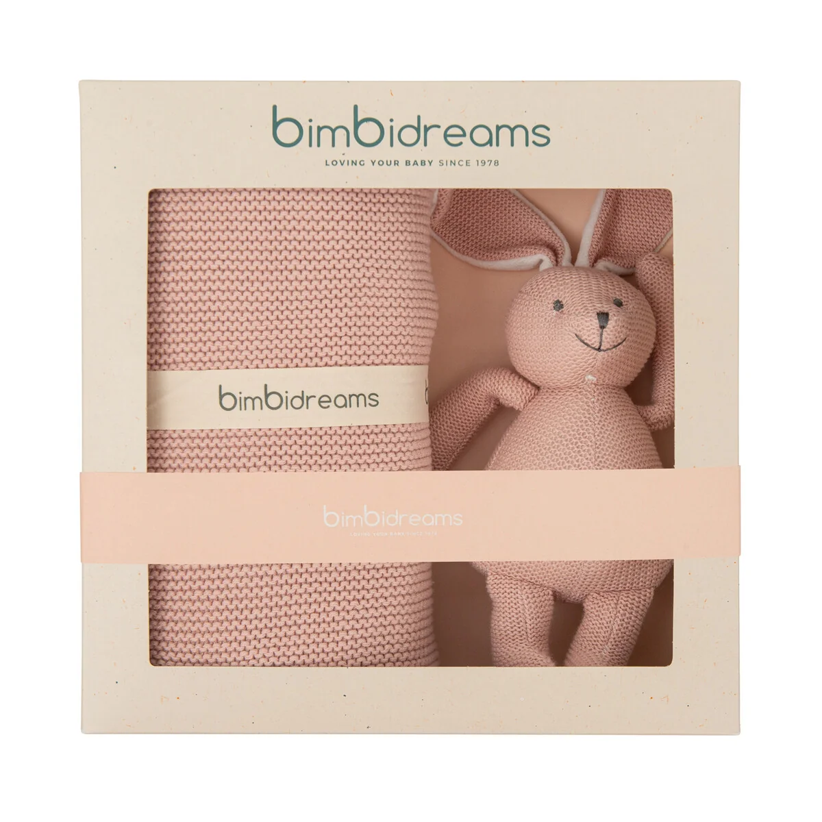 Darčekový set BIMBIDREAMS - ružová pletená deka so zajkom