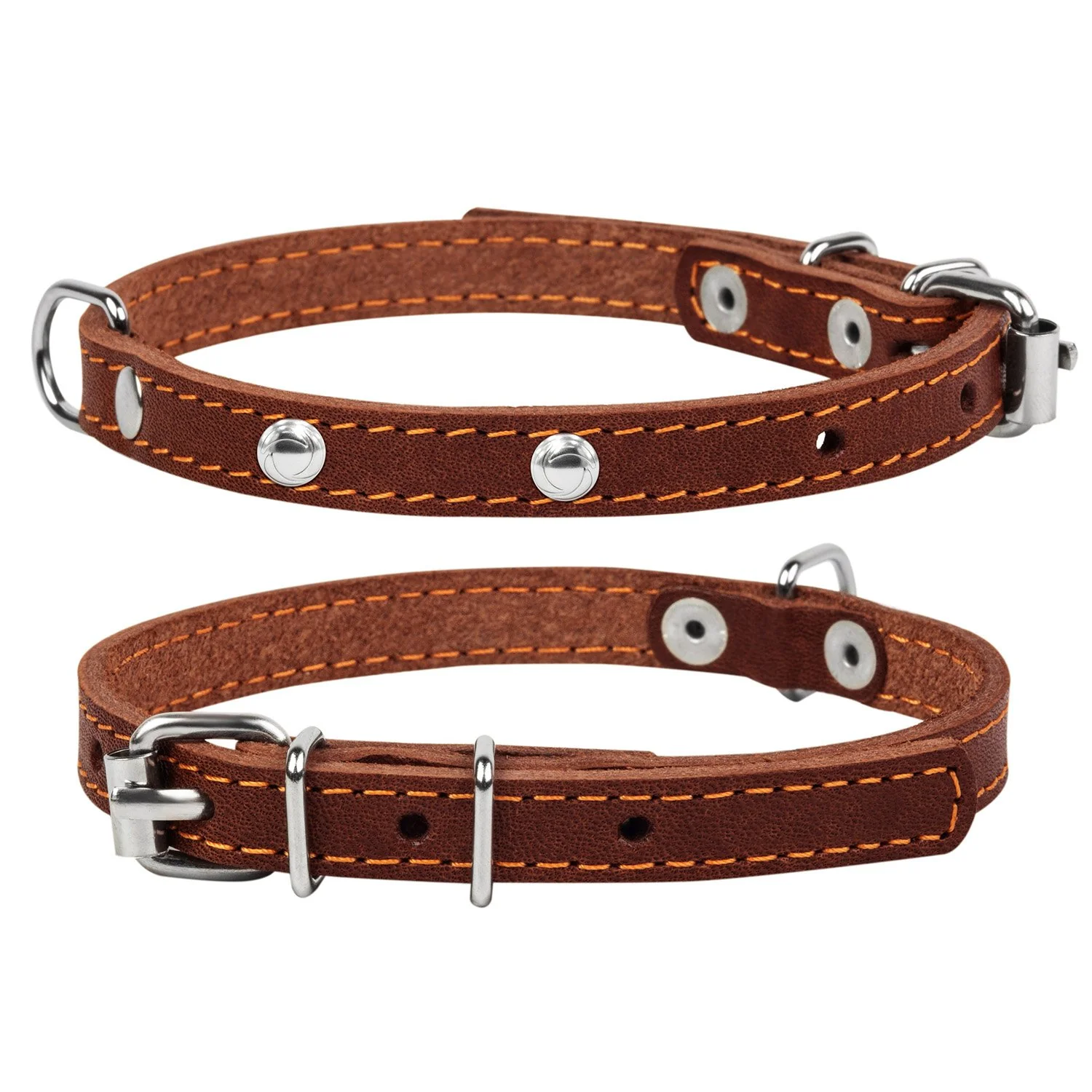 Kožený obojok s kovovou dekoráciou hnedý, Obvod krku: 24-32cm, širka: 12 mm