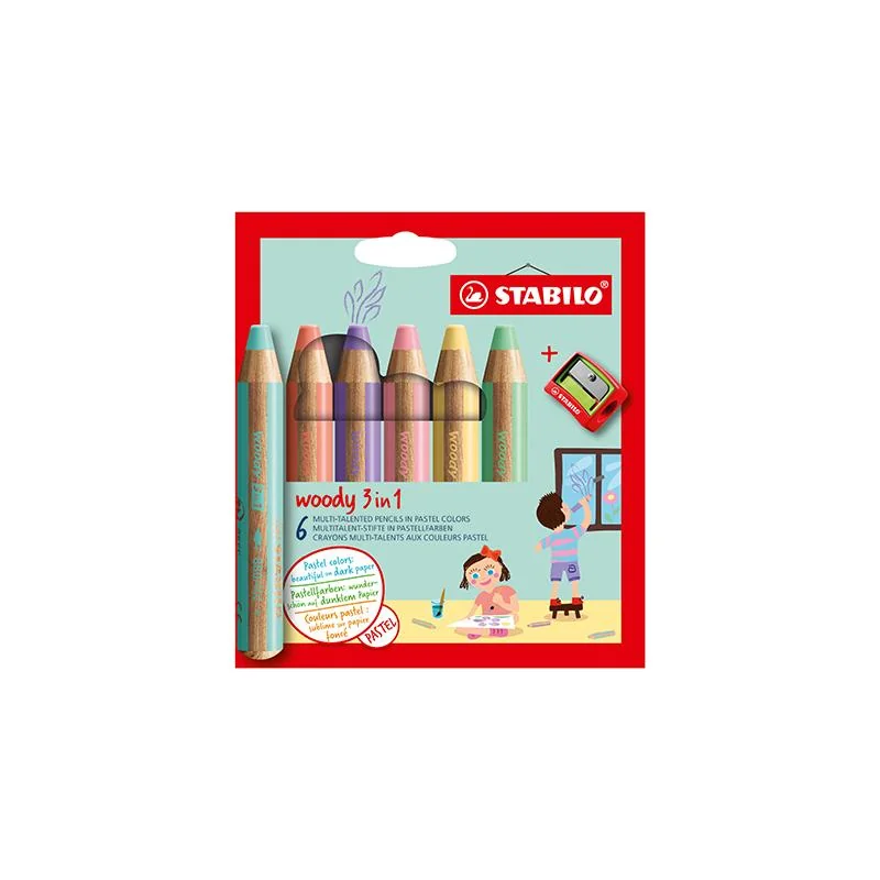 Pastelky Woody 3 v 1, sada 6 farieb s orezávačom 6 pastelových farieb