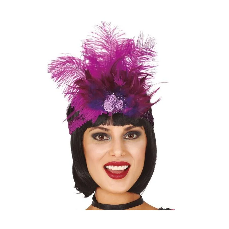 Guirca Čelenka Charleston fialová s pierkami a kvetmi 