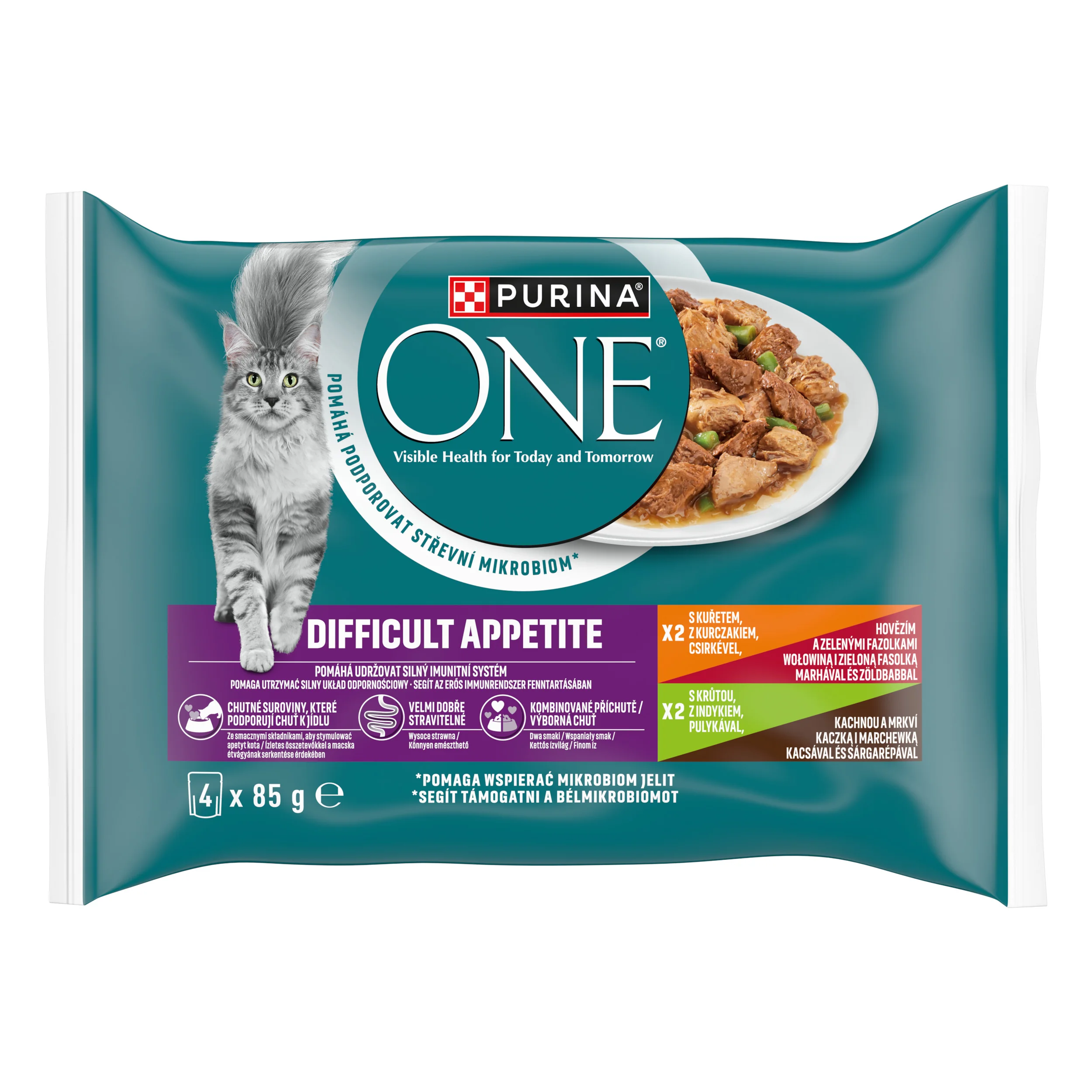 Purina ONE Difficult Appetite kapsičky pre mačky kura, hovädzie, morka, kačica v šťave 4×85 g 4×85 g, kompletné krmivo pre dospelé mačky