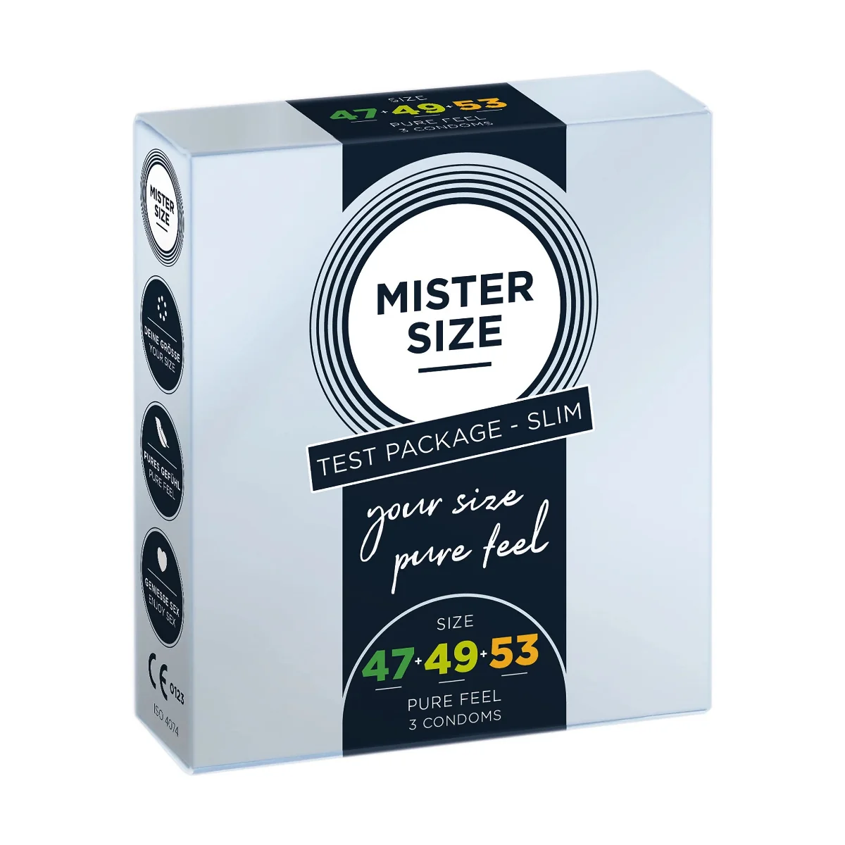 Pure Feel - Testovací balíček Slim - Kondómy 47, 49, 53 mm - 3 kusy