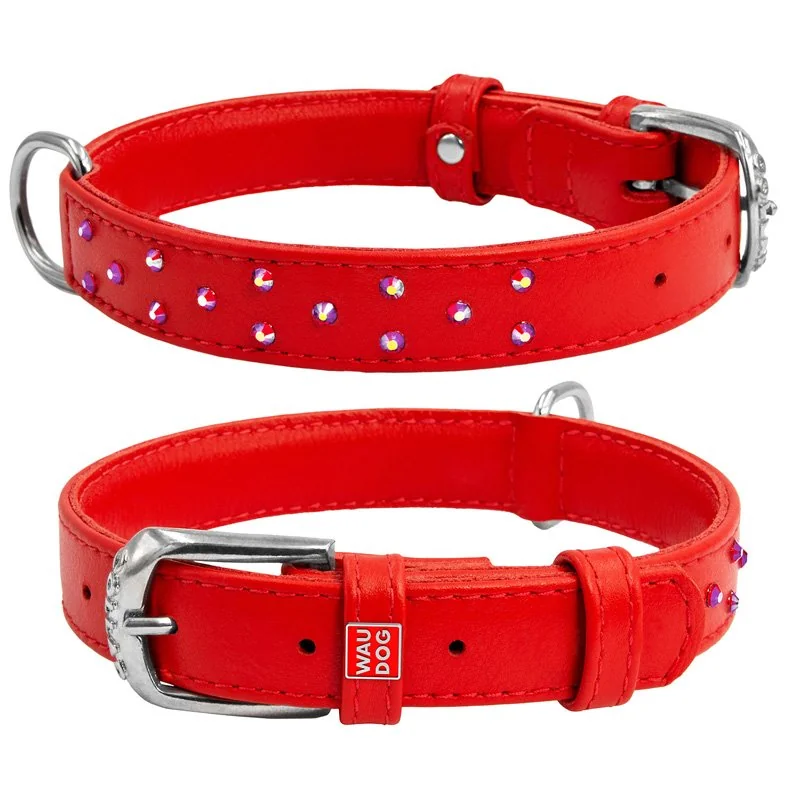Plochý kožený obojok červenej farby s kryštálmi, Obvod krku: 30-39 cm, širka: 20 mm