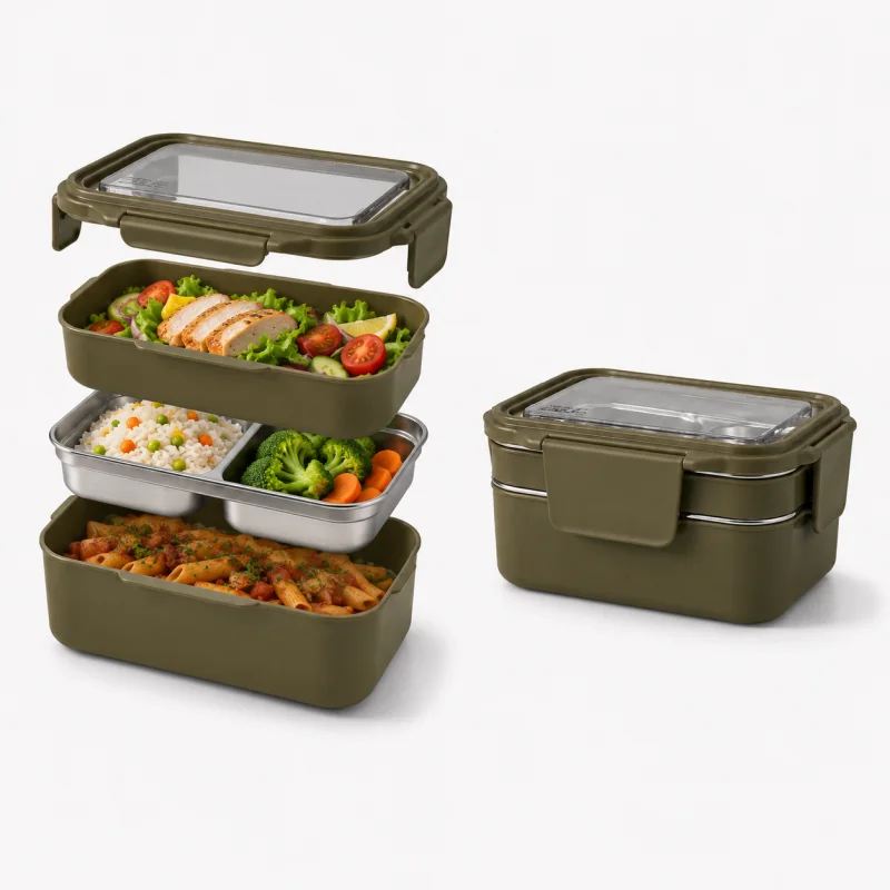 Livefy obedový box s príborom Double Lunch 1.2l, tmavozelený