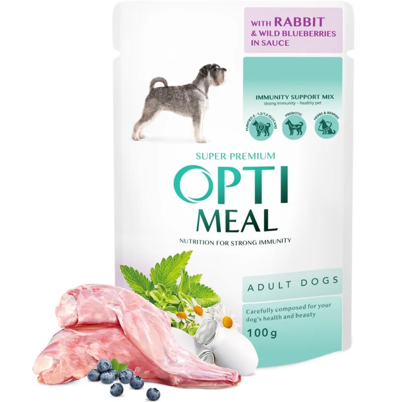 OPTIMEAL™. Superpremium Pre dospelých psov s králikom a divokými čučoriedkami v omáčke 100 g (9855)