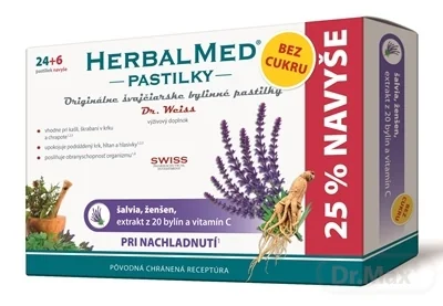 HERBALMED PASTILKY BEZ CUKRU - Dr.Weiss 1×30 tbl, pri prechladnutí (šalvia, ženšen, extrakt 20 bylín a vit.C) pastilky (24+6 navyše)