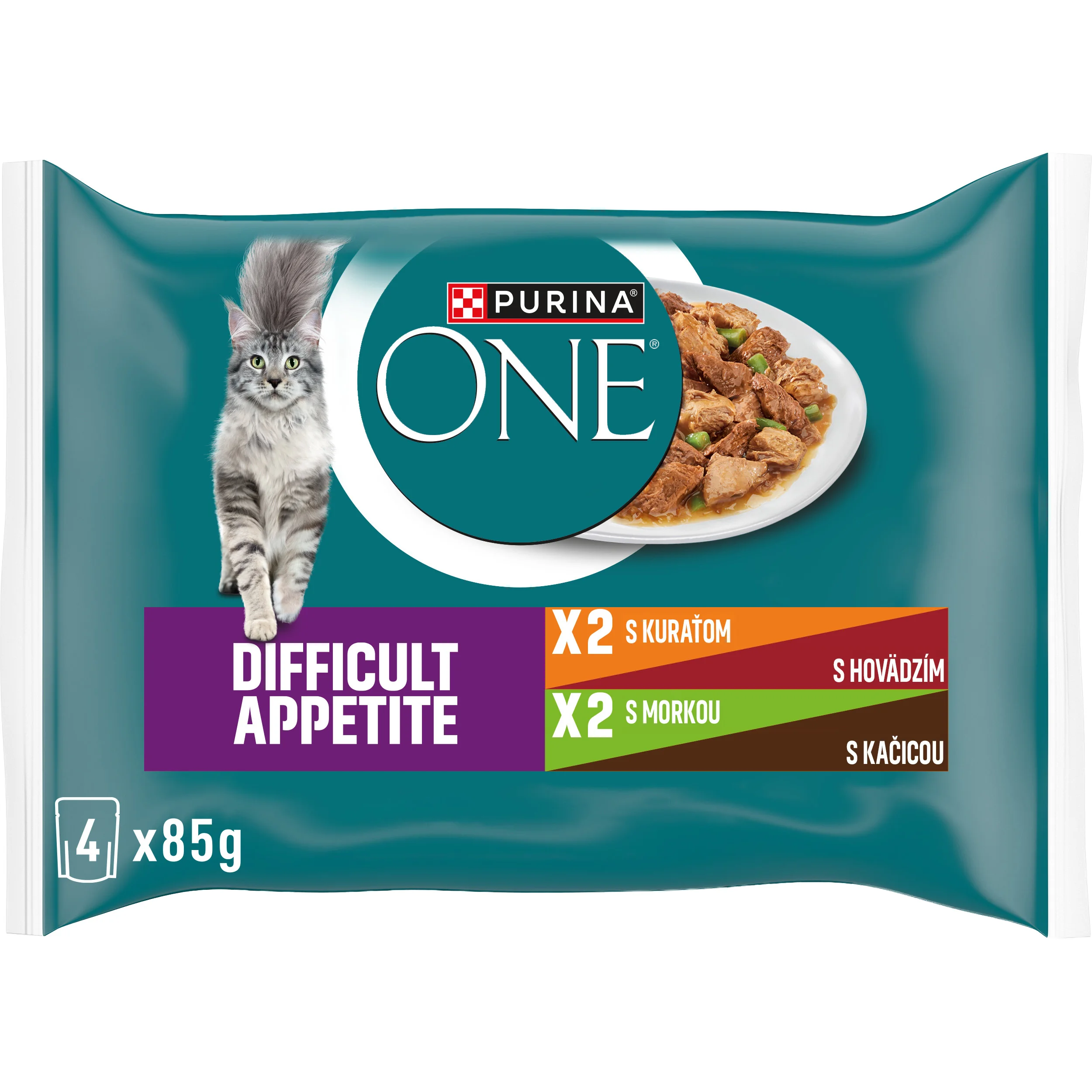 Purina ONE Difficult Appetite kapsičky pre mačky kura, hovädzie, morka, kačica v šťave 4×85 g 4×85 g, kompletné krmivo pre dospelé mačky