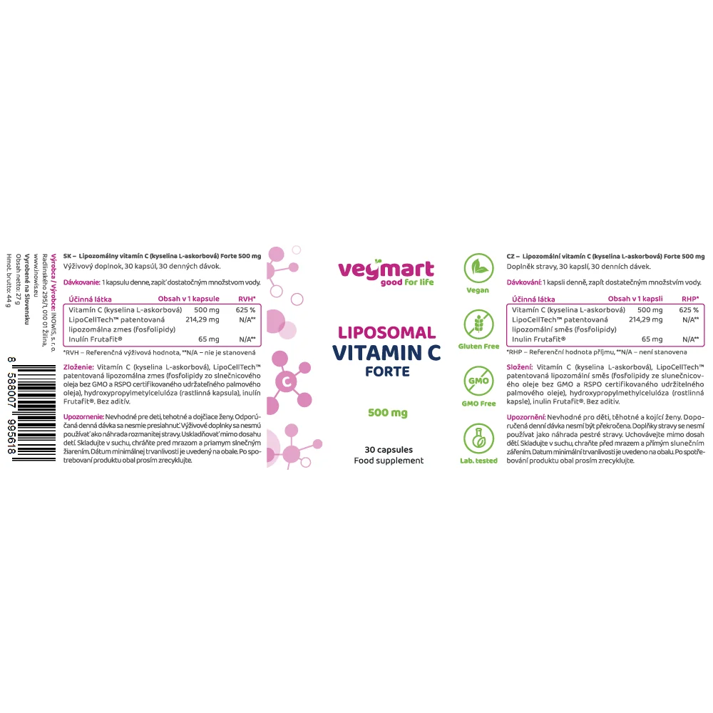 Vegmart Lipozomálny Vitamín C (Kyselina L-askorbová) 500 mg, 30 kapsúl
