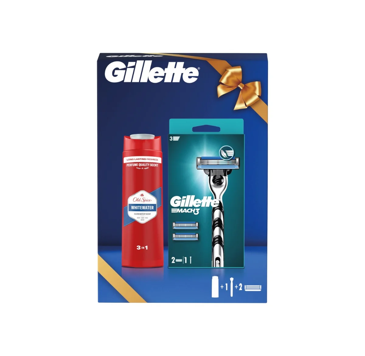 Gillette darčeková sada Mach3: pánsky holiaci strojček, 2 náhradné hlavice + Old Spice Whitewater 3v1 250 ml 1 set