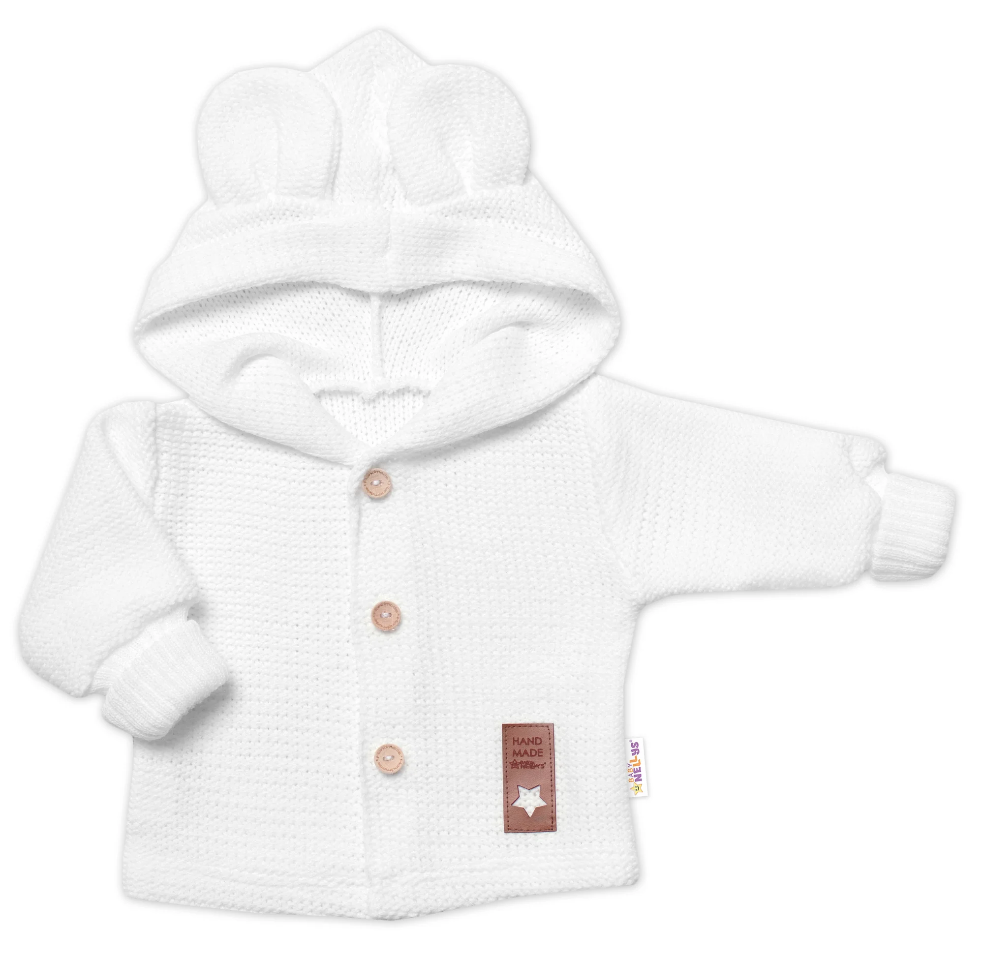 Elegantný pletený svetrík s gombíkmi a kapucňou s uškami