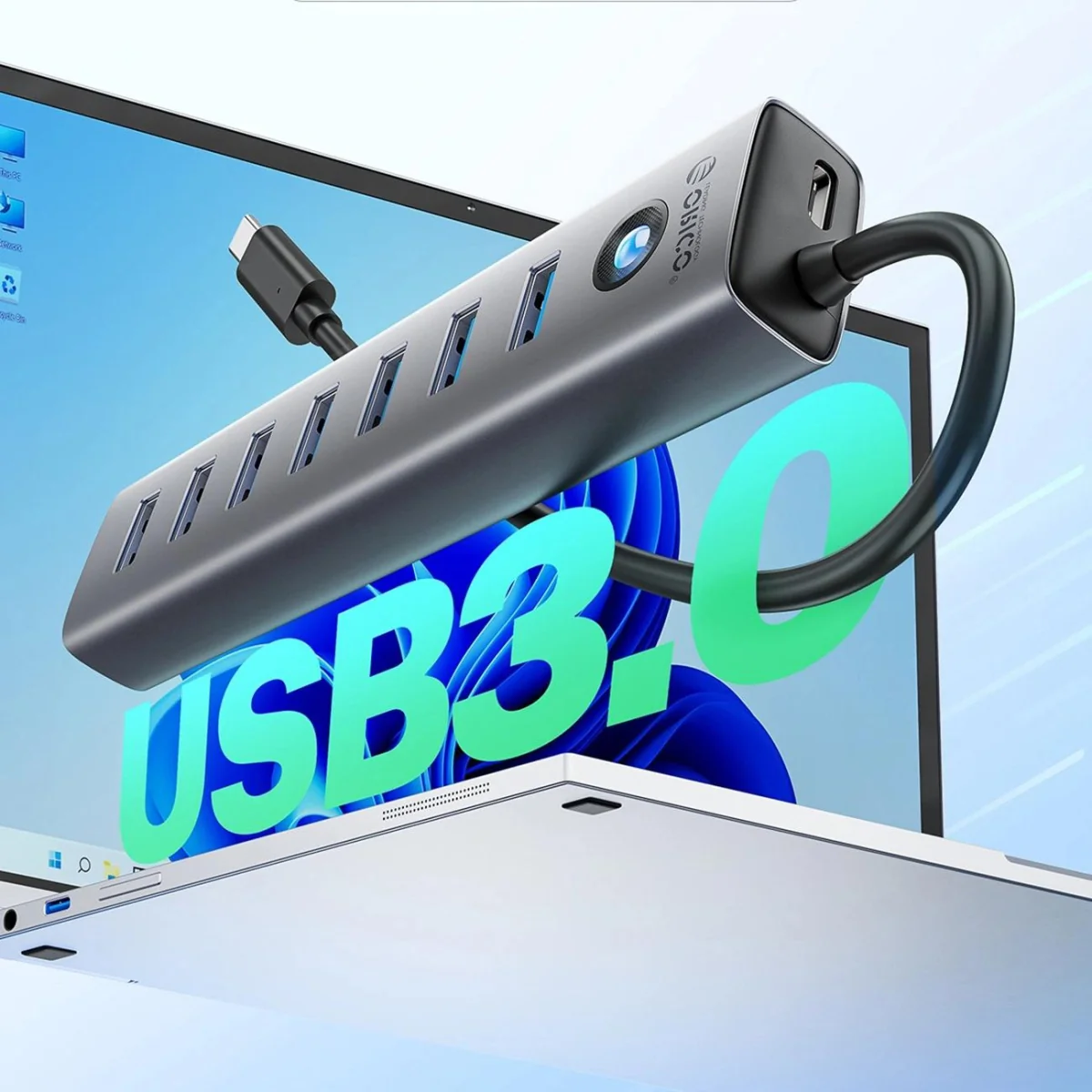 Orico CL7U-U3 HUB adaptér USB - 7x USB 3.0 / USB-C 3A, šedý