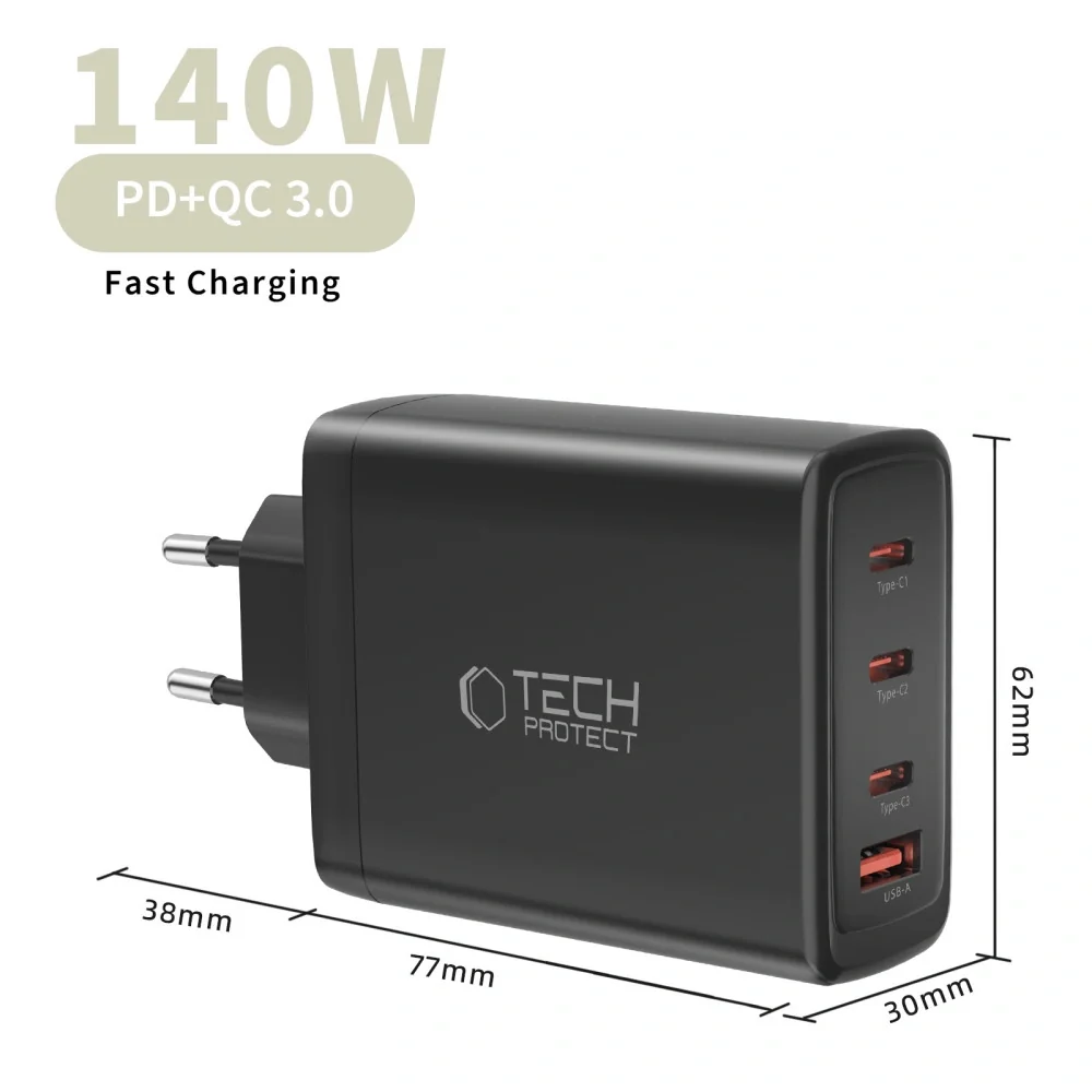 Tech-Protect NC140W GaN sieťová nabíjačka USB / 3x USB-C 140W PD QC, čierna ierna