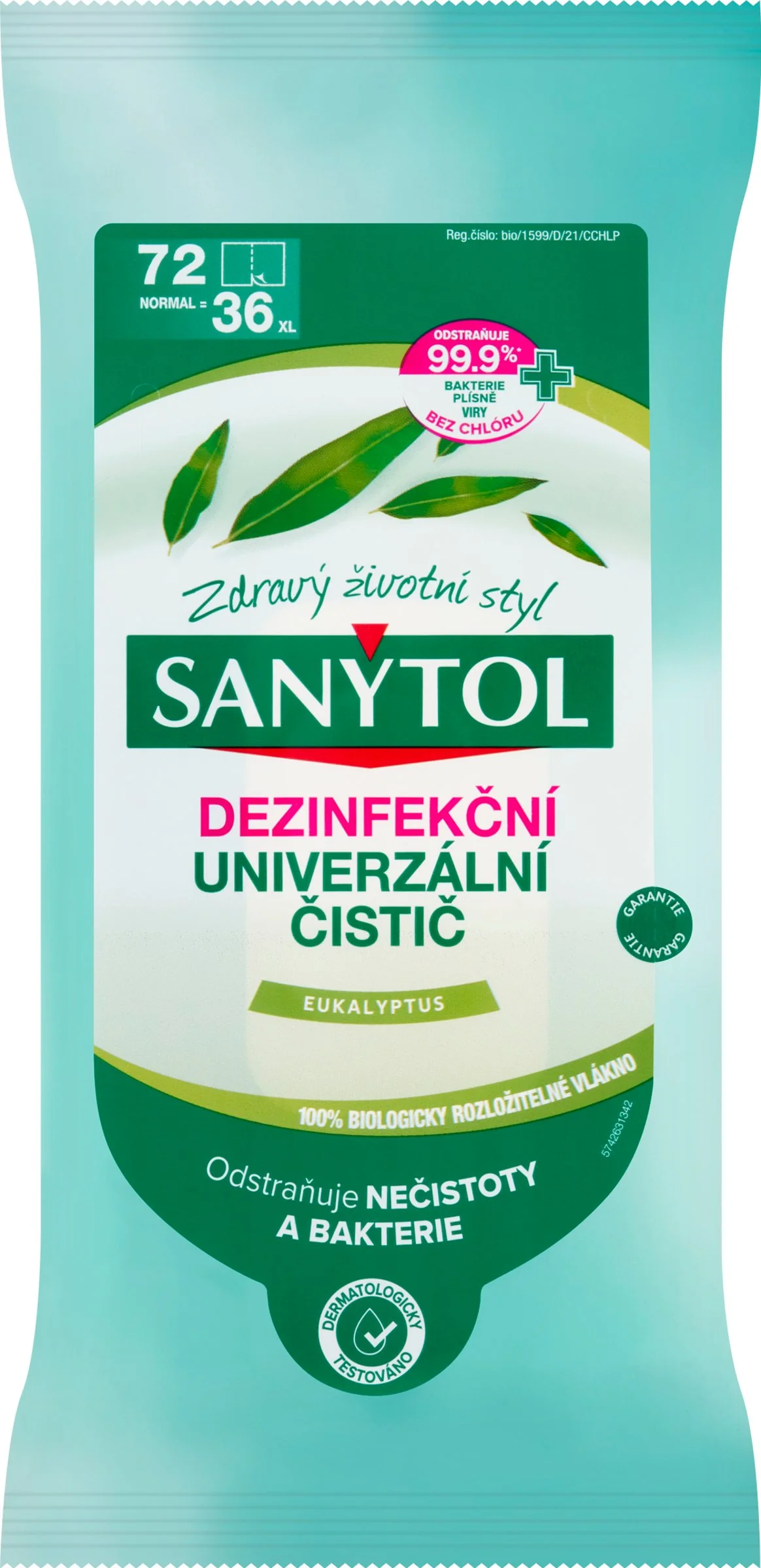 SANYTOL DEZINFEKCIA UNIVERZÁLNY ČISTIČ Utierky 1×36 ks, jednorázové utierky, vôňa eukalyptus