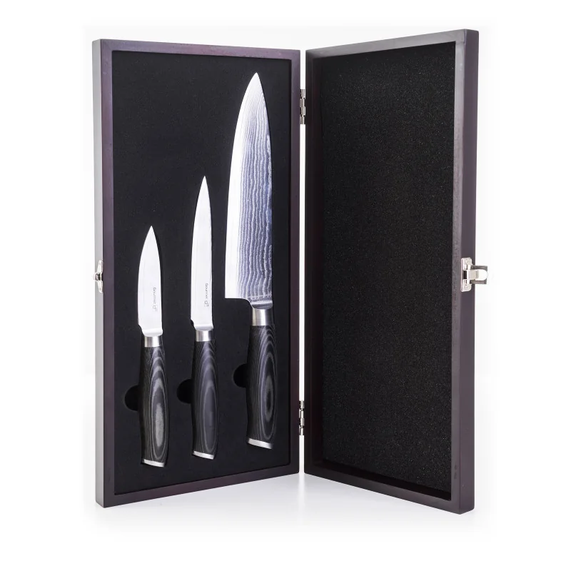 G21 Sada nožov Gourmet Damascus v bambusovom bloku 3 ks + brúsny kameň Gourmet Damascus v bambusovom bloku 3 ks + brúsny kameň G-DMSSET3