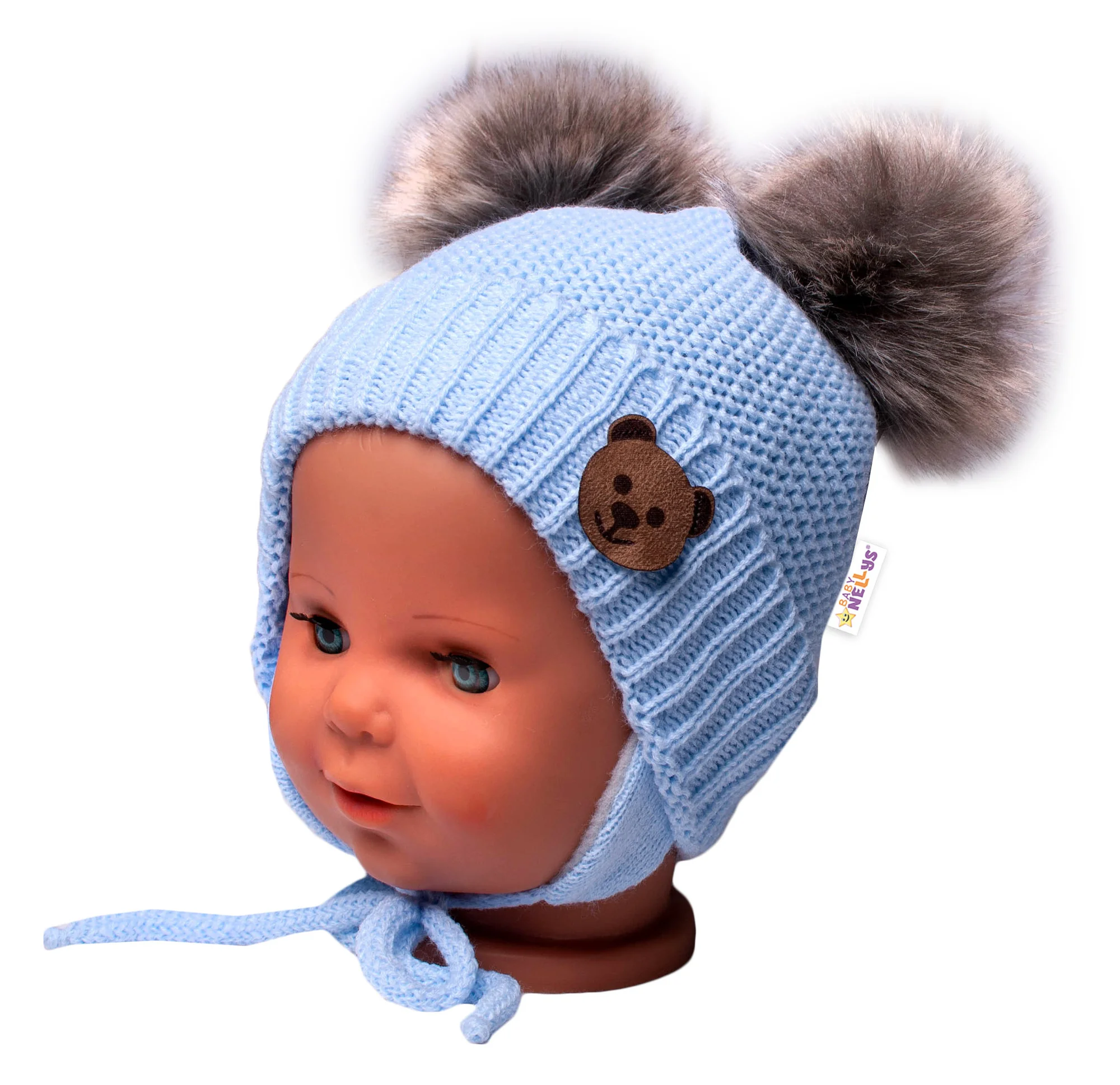 Zimná čiapka s fleecom Teddy Bear - chlupáčk. bambuľky - sv. modrá, šedá
