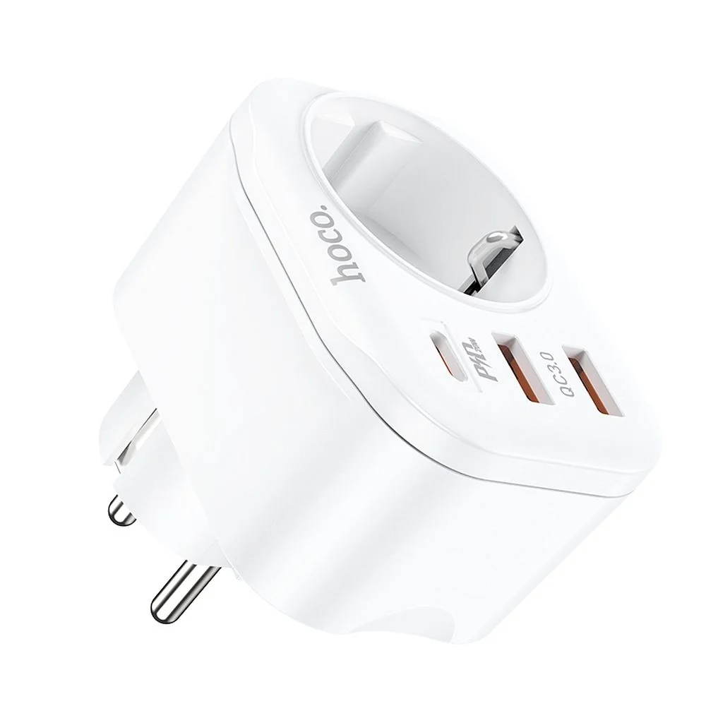 Hoco NS3 sieťová nabíjačka 2x USB QC3 3A / USB-C 20W PD + zásuvka, biela la