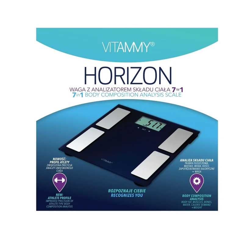 VITAMMY HORIZON Kúpeľňová váha a váha pre športovcov s funkciou SENSE ON, modrá 1×1 ks