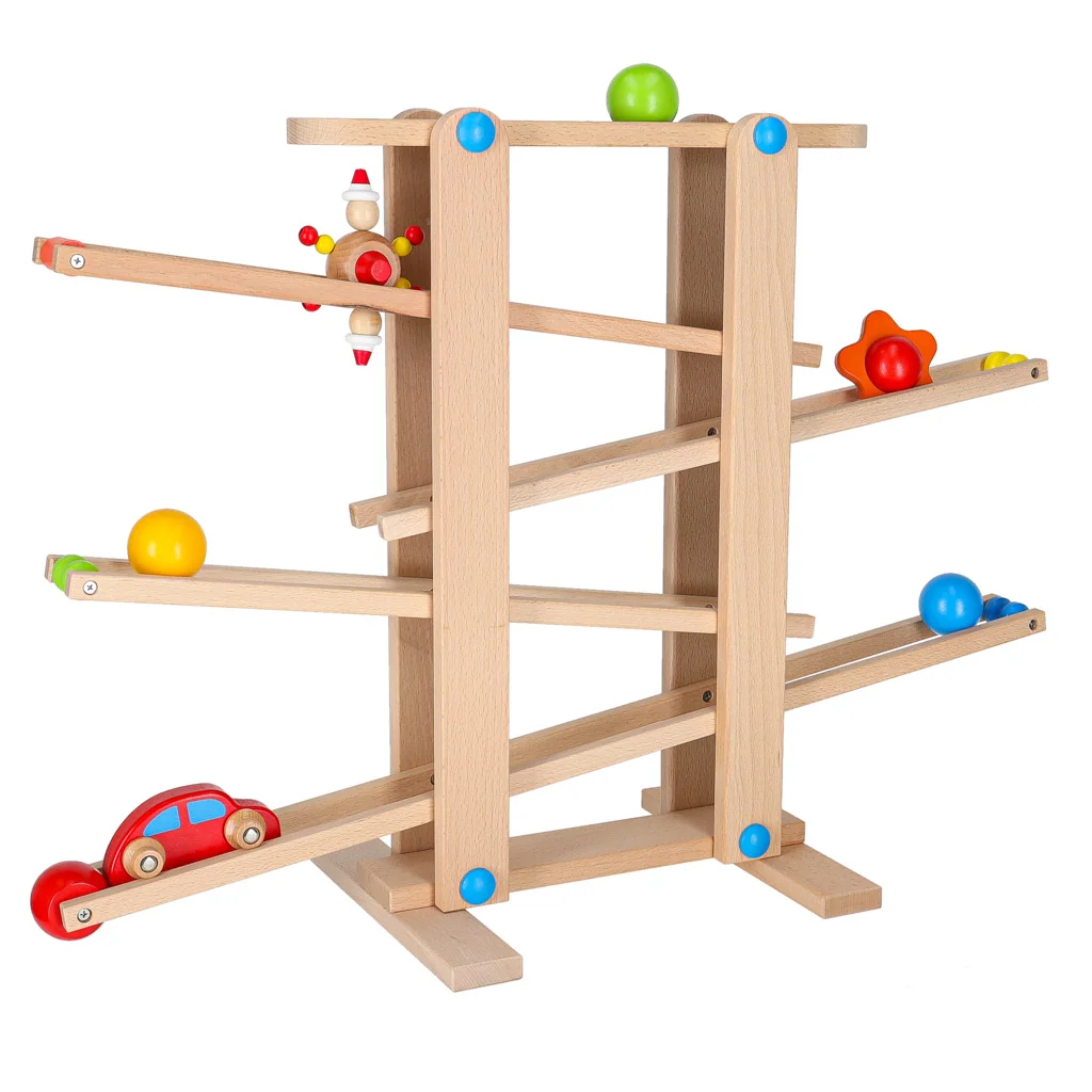 Drevená guľôčková dráha Montessori XXL – loptičky a autíčko 