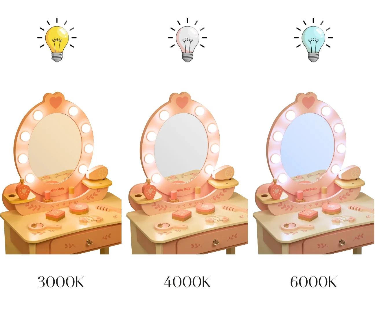 Detský kozmetický stolík Elly s LED osvetlením a doplnkami – biela, ružová 