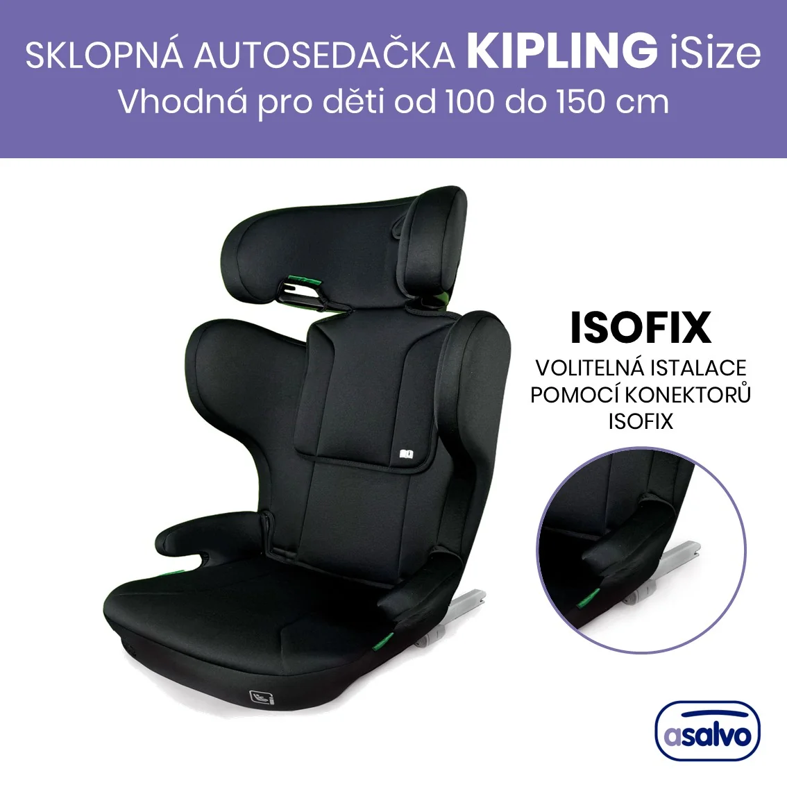 Asalvo Kipling i-Size sklopná autosedačka 100–150 cm, čierna