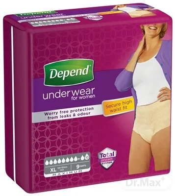 DEPEND MAXIMUM XL pre ženy 1×9 ks, naťahovacie nohavičky, obvod bokov 120-105 cm