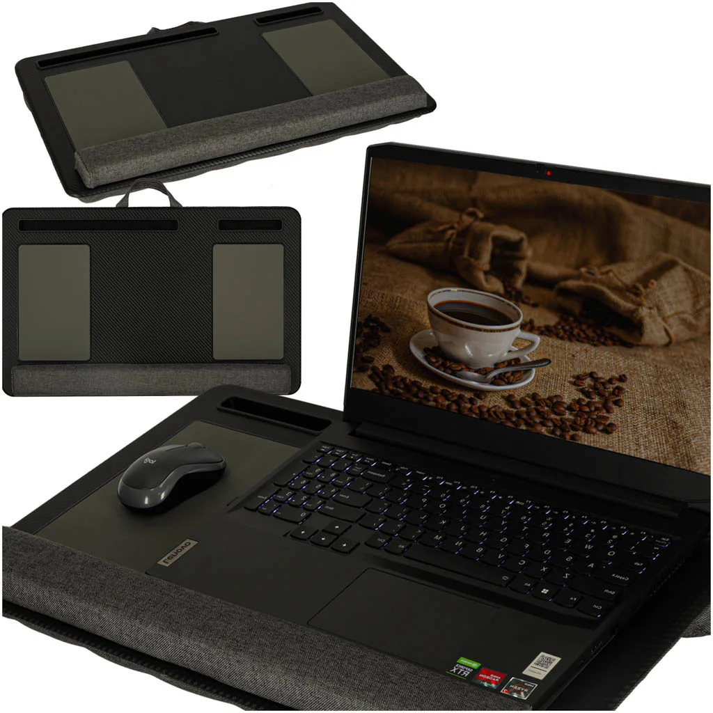 Čierny stolík na notebook s ergonomickým vankúšom – prenosný stojan s opierkou na zápästie