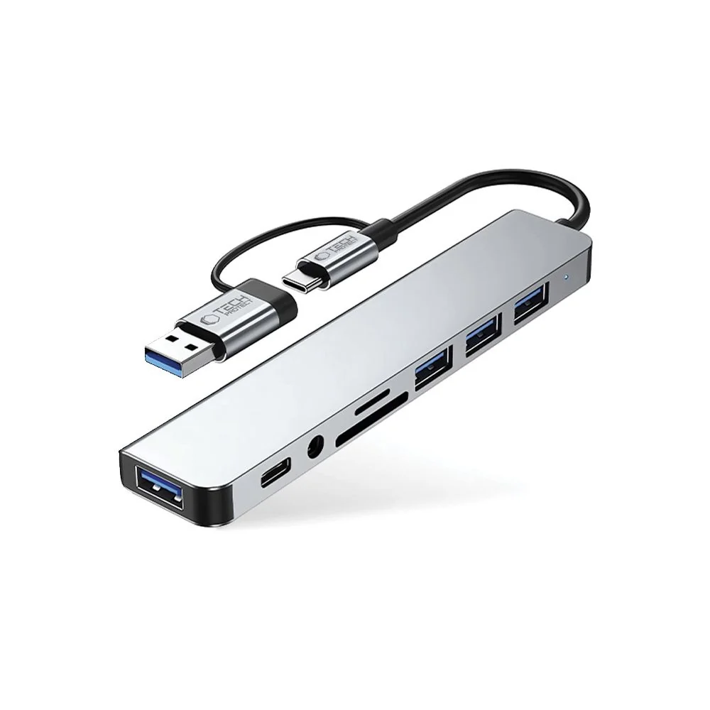 Tech-Protect HB06 HUB adaptér USB-C + USB - 4x USB / USB-C / SD / TF / AV 3.5, šedý AV 3.5, šedý