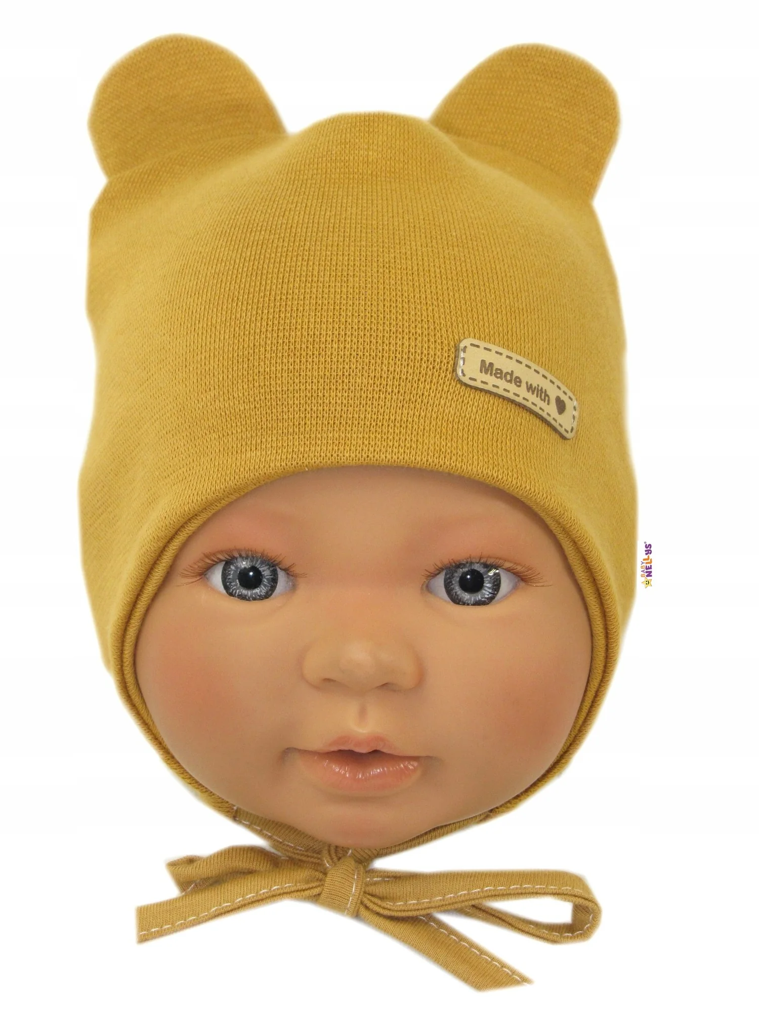 Čiapočka na zaväzovanie, bavlna, Little Teddy, Baby Nellys, horčicová, veľ. 86/92