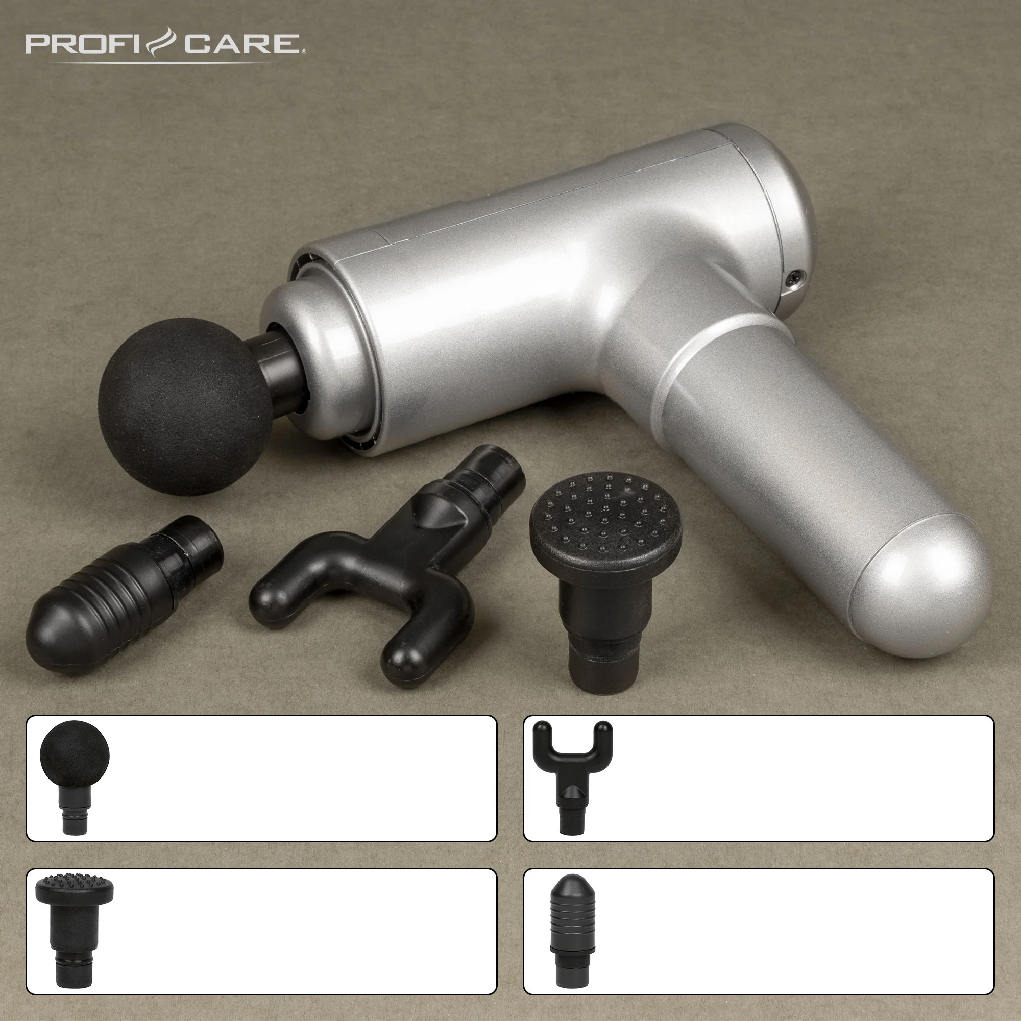 ProfiCare MP 3087 masážna pištoľ, 3 úrovne, 4 nástavce, 2000 mAh, strieborná