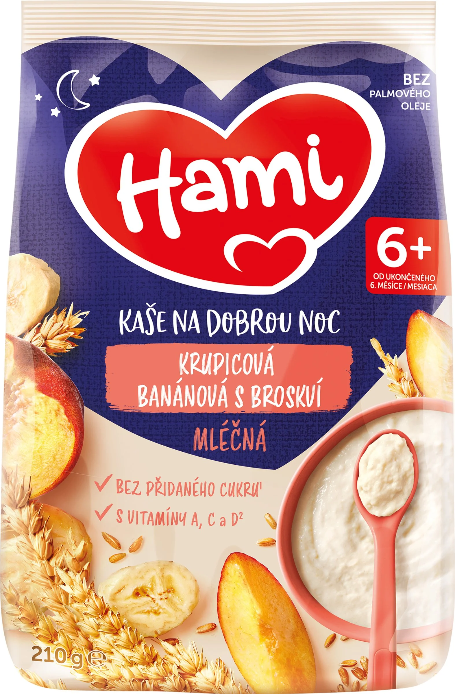 HAMI Mliečna kaša krupicová banánová s broskyňou 1×210 g, krupicová kaša