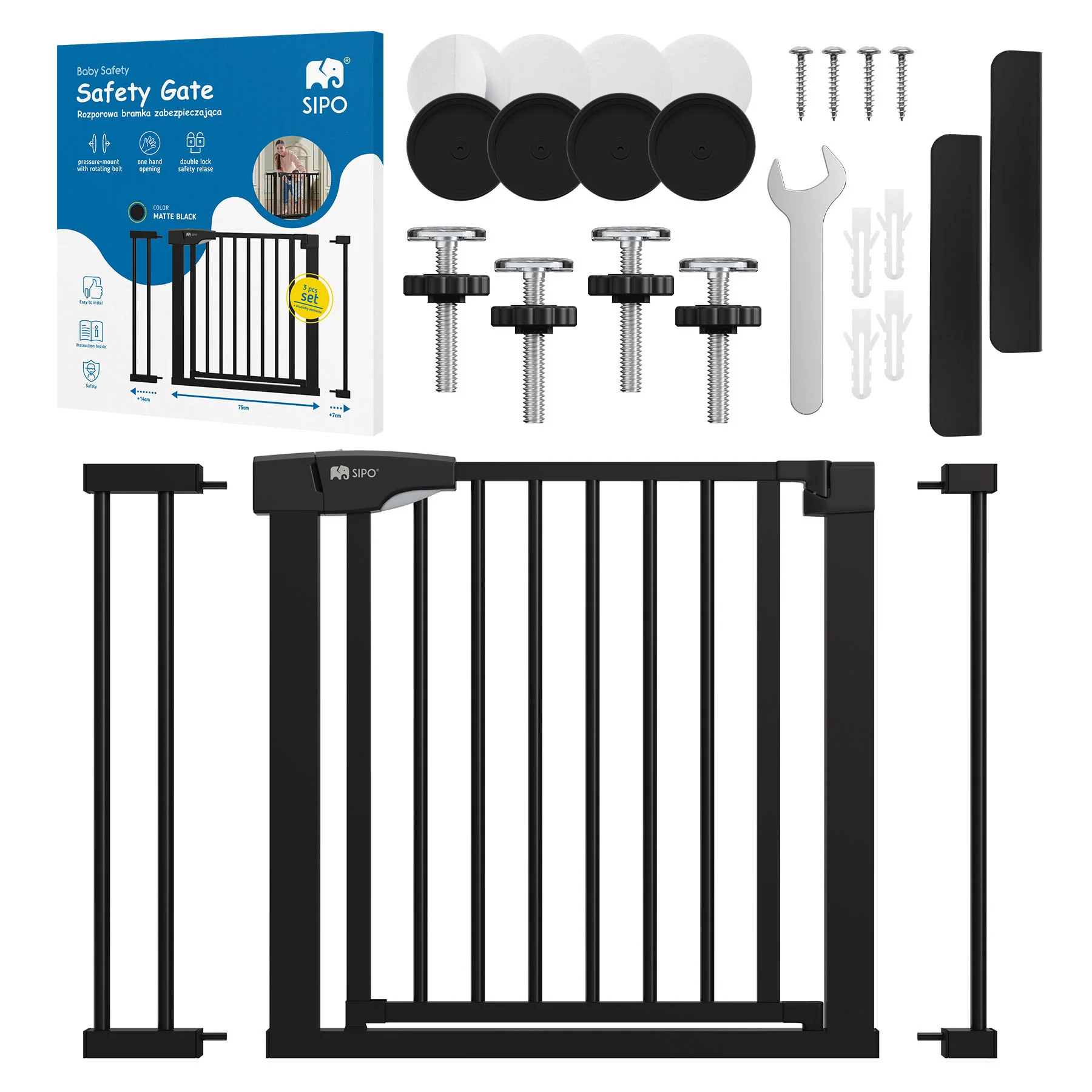 SIPO Bezpečnostná zábrana na dvere a schody 75–104 cm set 7/14 cm čierna
