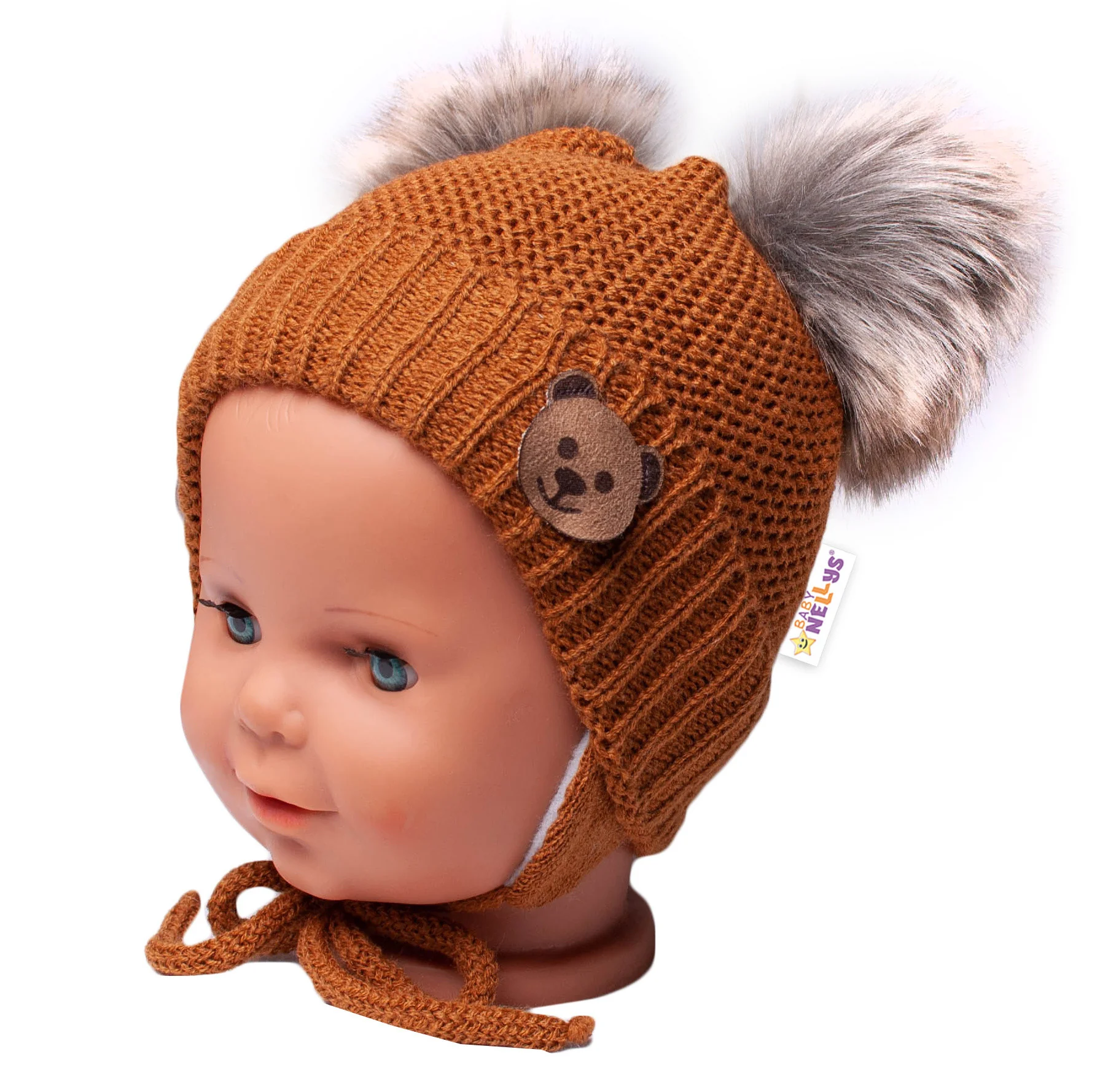 Zimná čiapka s fleecom Teddy Bear - chlupáčk. bambuľky - hnedá, šedá