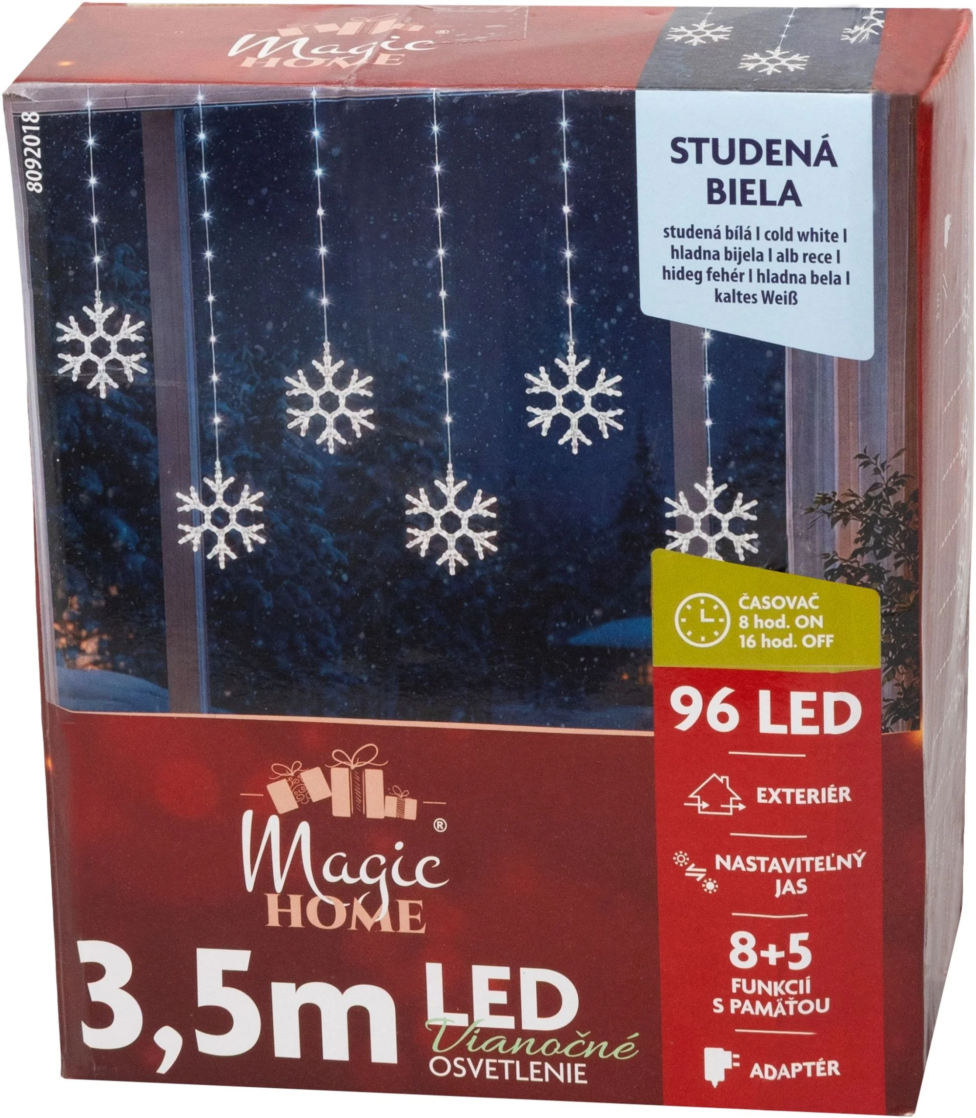 MagicHome LED reťaz so snehovými vločkami, 1 ks Časovač, 96 LED studená biela, 13 funkcií, 3,5 m, IP44