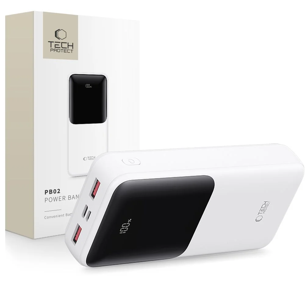 Tech-Protect PB02 Power Bank 20000mAh 2x USB / USB-C / Micro USB 22.5W, biely , biely
