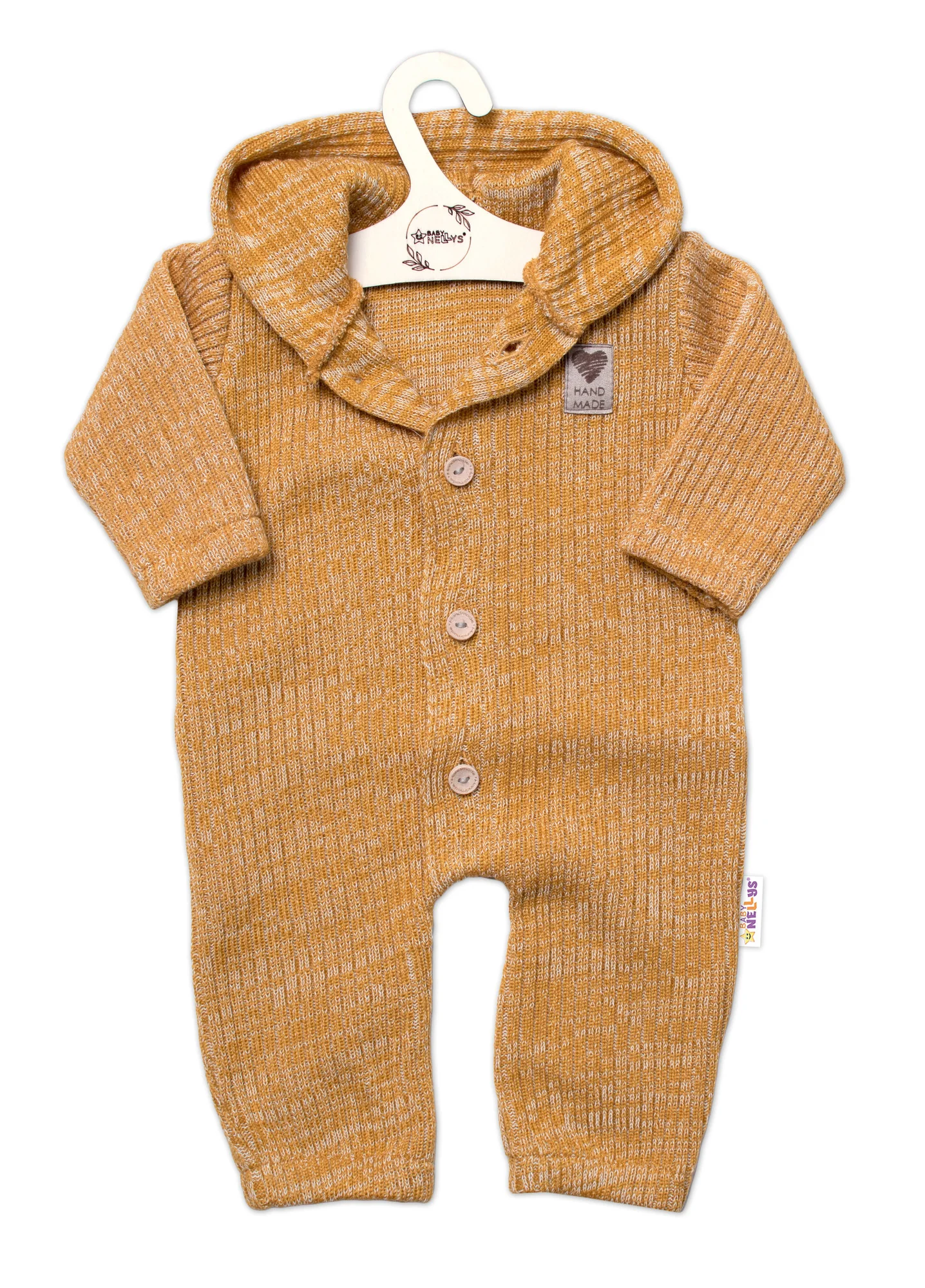 Baby Nellys Pletený overálok s kapucňou a gombíkmi Hand Made, medový žihaný 