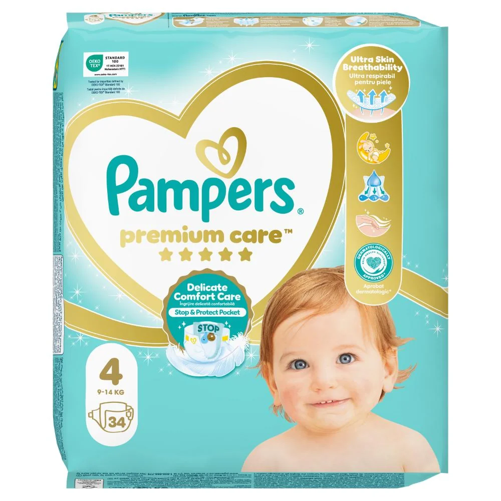 Pampers Premium Care detské plienky, veľkosť 4, 9kg-14kg 34 ks