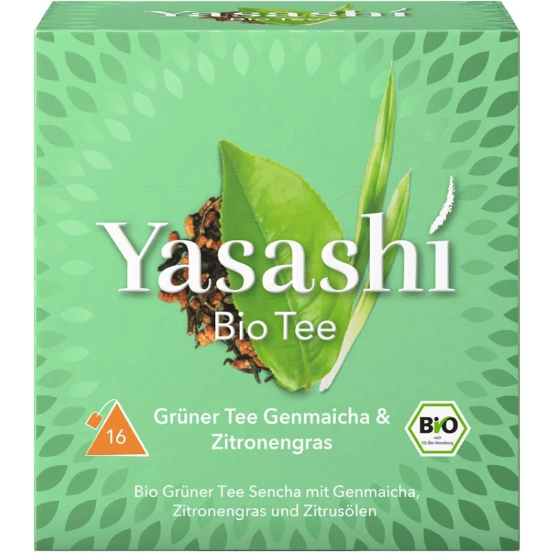 Yasashi BIO Zelený čaj Genmaicha & Citrónová tráva 16×1,75 g, zelený čaj