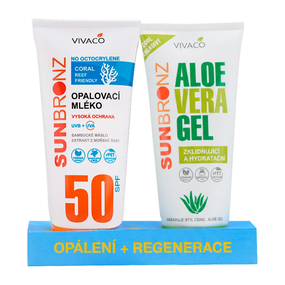 VIVACO DUOPACK Opaľovacie MLIEKO SPF50 bez octocrylenu CORAL FRIENDLY + Aloe vera gél ZADARMO 2×200 ml